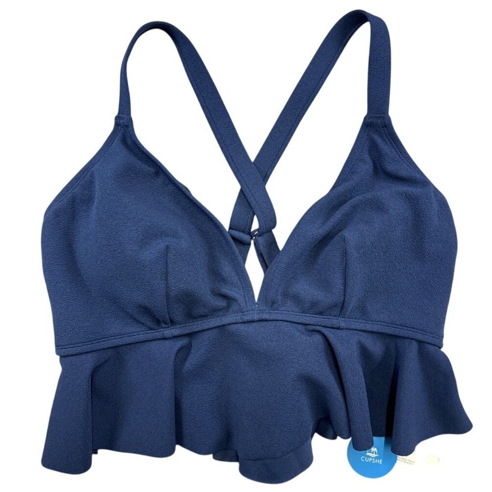 NWT Cupshe Navy Blue Textured Peplum Ruffle Bikini Top 1X